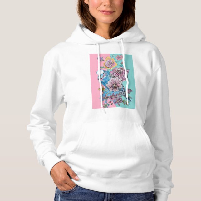 Blue Budgie Watercolor Rote Rosen Blumenstrauß Hoodie (Vorderseite)