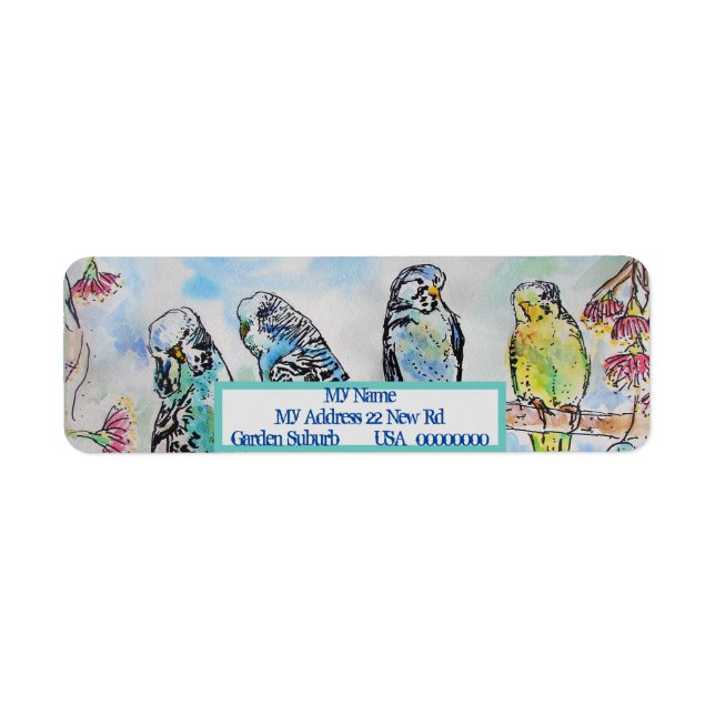 Blue Budgies Watercolor-Rücksendeadressen-Aufklebe (Vorne)