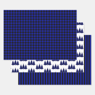 Blue Buffalo Karo Kiefernbäume Streifen Weihnachte Geschenkpapier Set