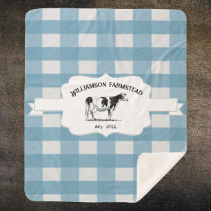 Blue Buffalo Plaid Farm Cow Sherpa Blanche