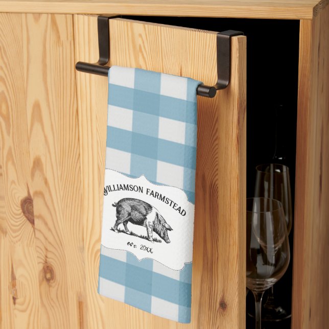 Blue Buffalo Plaid Farm Pig Serviette de cuisine (Pliage en tiers)