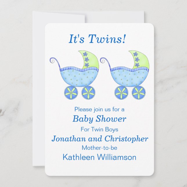 Blue Buggy Carriage Twin Boys Baby Shooter Einladung (Vorderseite)