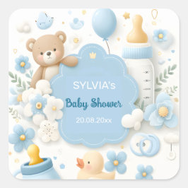 Blue Bundle Joy: Teddy Bear Baby Boy Shower Quadratischer Aufkleber