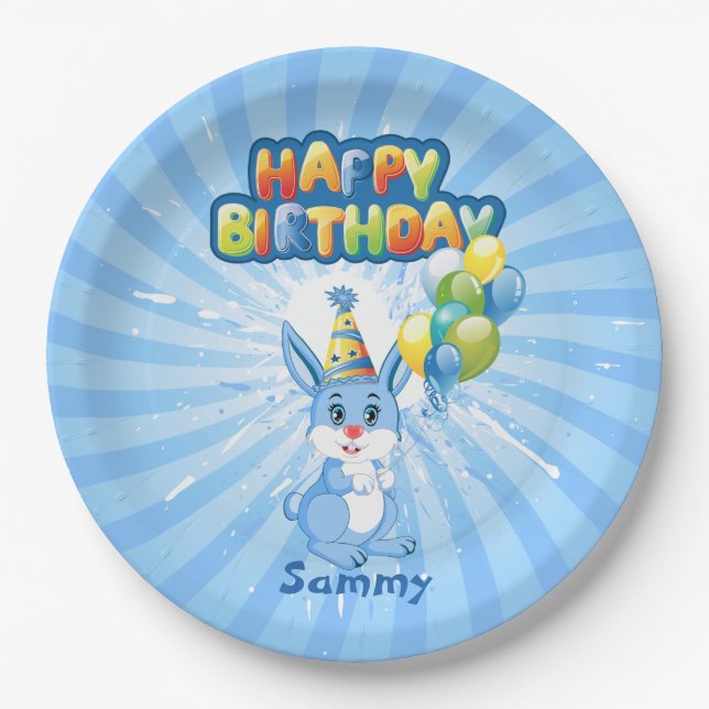 Blue Bunny Birthday Cartoon Pappteller (Vorderseite)