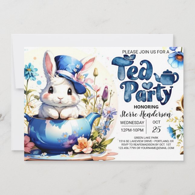 Blue Bunny Bliss Tee Party Babydusche Einladung (Vorderseite)
