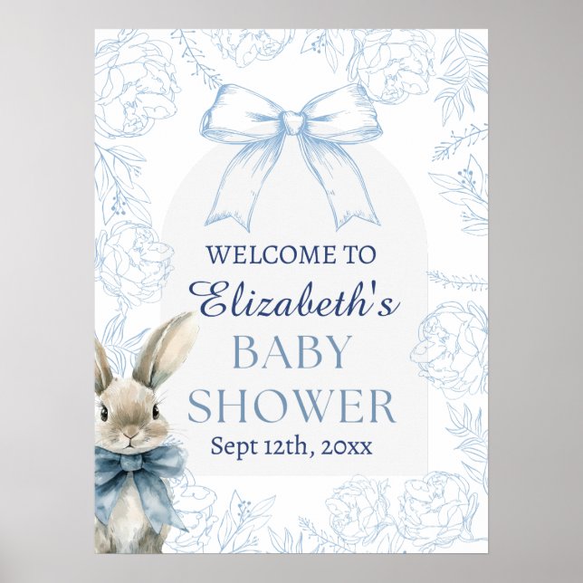 Blue Bunny Floral Baby Dusche Begrüßungszeichen Poster (Vorne)