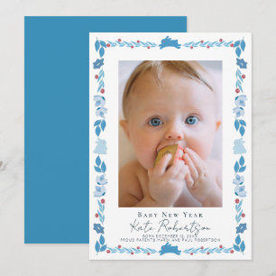 Blue Bunny Folk Art Bébé Nouvel An Carte photo