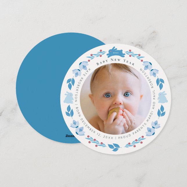 Blue Bunny Folk Art Bébé Nouvel An Carte photo (Devant / Derrière)