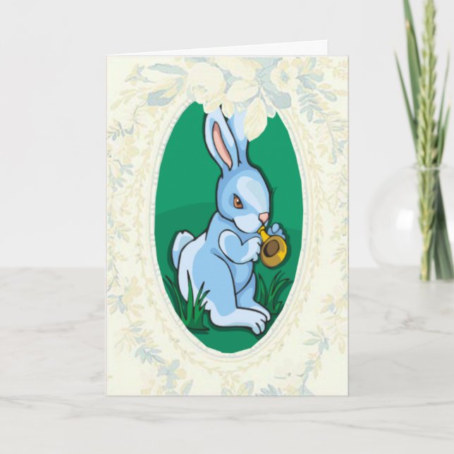 Blue Bunny Jouant Une Trompette Carte Pâques (Devant)