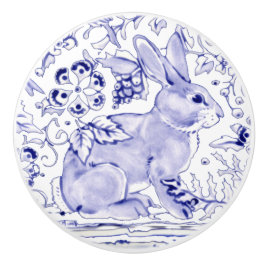 Blue Bunny Rabbit Floral Delft Dedham Keramik Pull Keramikknauf