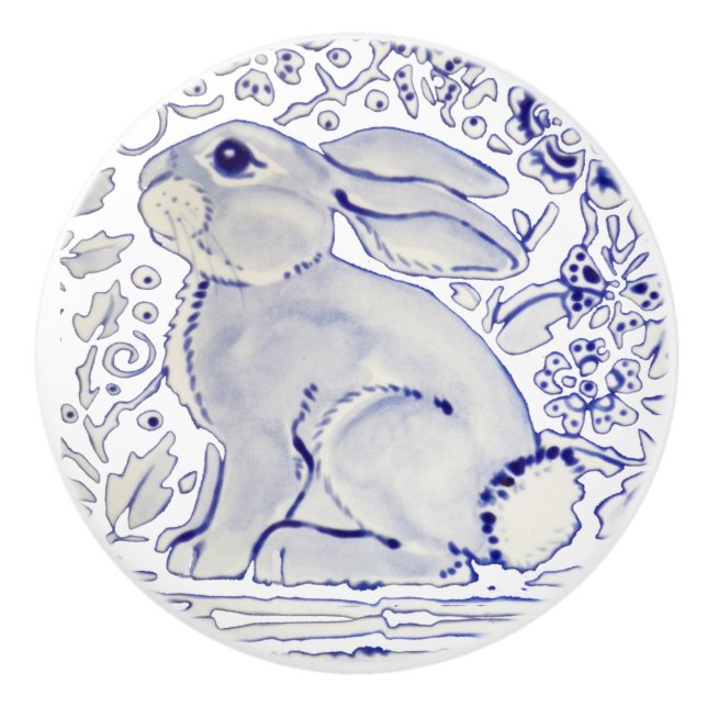 Blue Bunny Rabbit Floral Delft Dedham Keramik Pull Keramikknauf (Vorderseite)