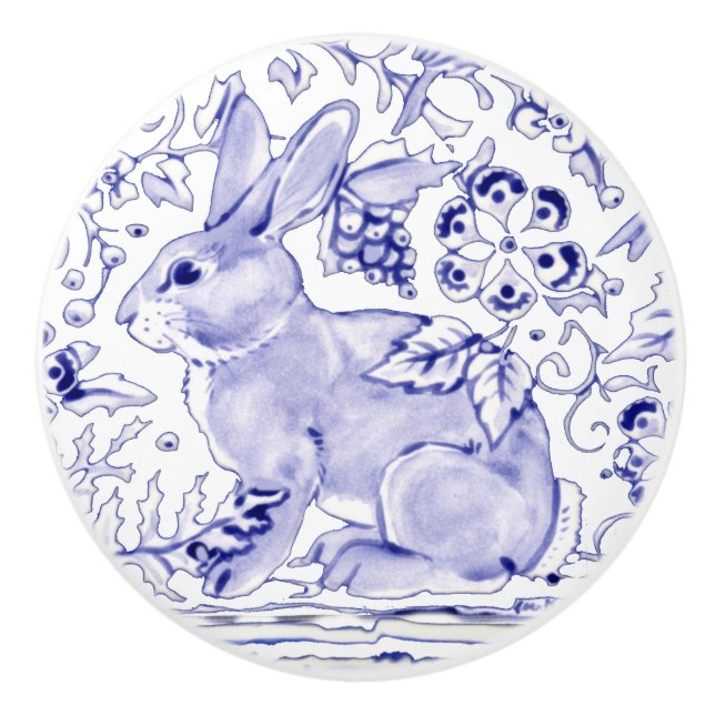 Blue Bunny Rabbit Floral Delft Dedham Keramik Pull Keramikknauf (Vorderseite)