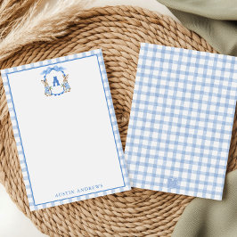 Blue Bunny Rabbit Gingham Monogram Wappen Dankeskarte