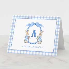 Blue Bunny Rabbit Gingham Monogram Wappen Dankeskarte
