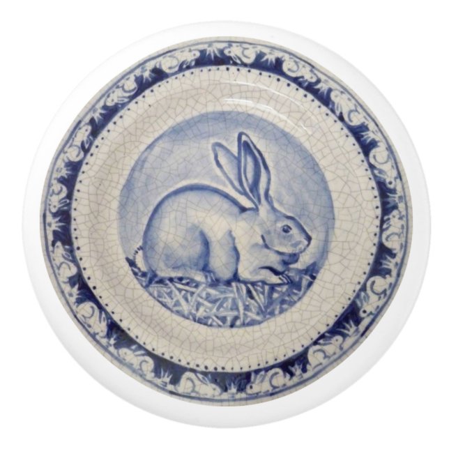 Blue Bunny Rabbit Plate Delft Dedham Keramik Pull Keramikknauf (Vorderseite)