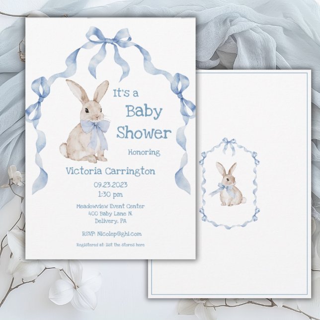 Blue Bunny Rabbit Ribbon Boy Baby Einladung (Von Creator hochgeladen)