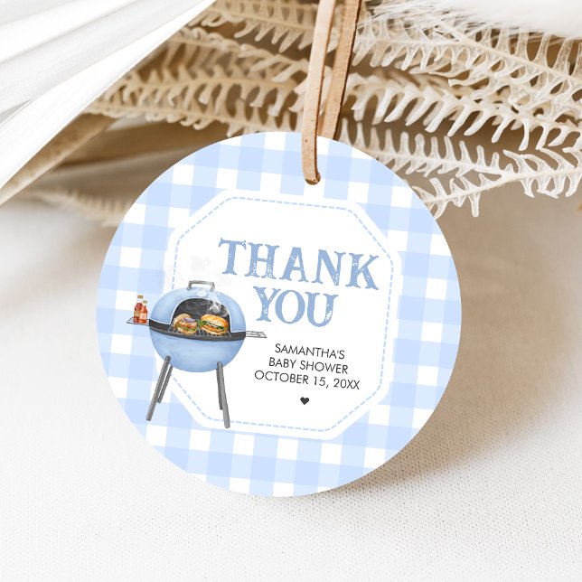 Blue Burger BBQ Baby Shower Geschenkanhänger (Bun and Burgers Baby Shower Favor Tags)
