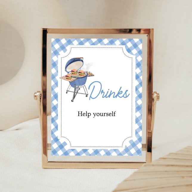 Blue Burger GRILLEN Baby Shower Drinks Poster (Boy Backyard BBQ Baby Shower Drinks Sign)