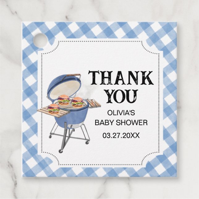 Blue Burger GRILLEN Baby Shower Geschenkanhänger (Vorderseite)