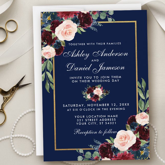 Blue Burgundy Blues Gold Wedding Einladung (Customize to change text style, add text & photos to back or change color of back of card.)