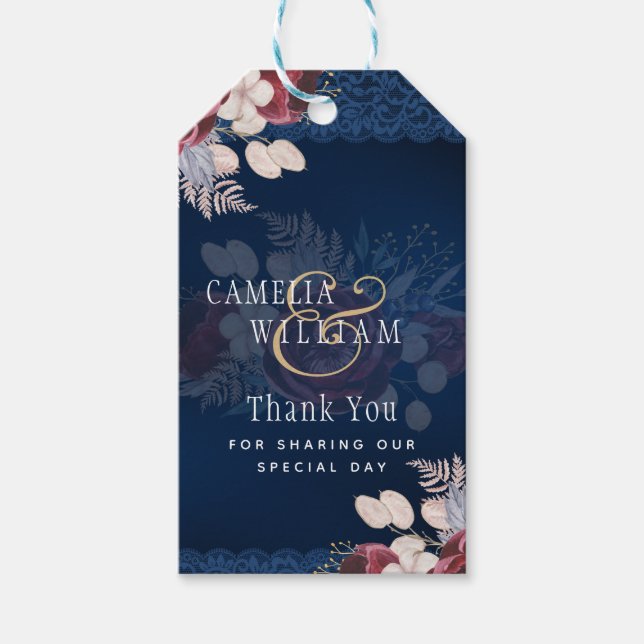 Blue Burgundy Blues Lace Wedding Geschenkanhänger (Vorderseite)