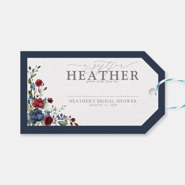 Blue Burgundy Blumen Brautparty No Wrap Geschenkanhänger (Vorderseite (Horizontal))
