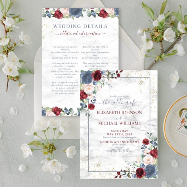 Blue Burgundy Blush Gold Floral Details Wedding Einladung (Von Creator hochgeladen)