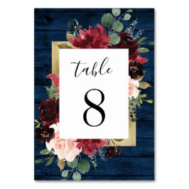 Blue Burgundy Blush Gold Rustikale Hochzeit Tischnummer