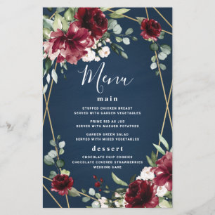 Blue Burgundy Blush Gold Wedding Menu Cards