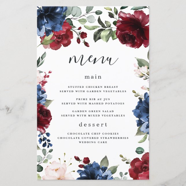 Blue Burgundy Blush Pink Wedding Menu Cards (Vorderseite)