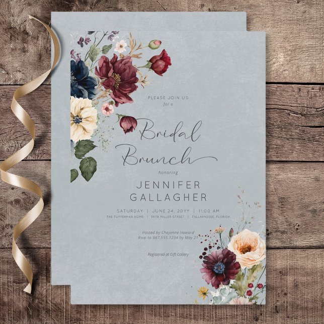 Blue Burgundy & Cream Rustic Floral Bridal Brunch Einladung (Blue Burgundy & Cream Rustic Floral Bridal Brunch Invitation)