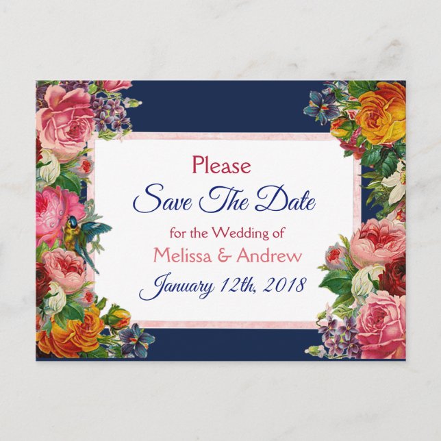 Blue Burgundy Floral Enregistrer la date Carte pos (Devant)