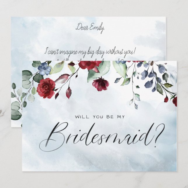 Blue Burgundy Floral Watercolor Script Bridesmaid Einladung (Vorne/Hinten)