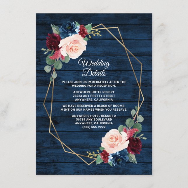 Blue Burgundy Gold Blush Pink Country Wedding Begleitkarte (Vorderseite)