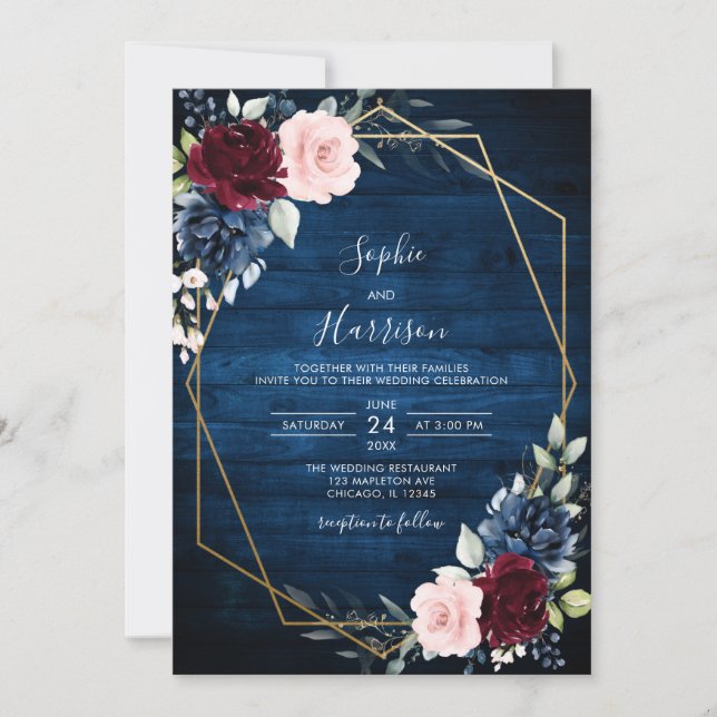 Blue Burgundy Gold Blush Rustic Wood Wedding Einladung (Vorderseite)