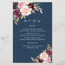 Blue Burgundy Gold Blush Wedding Menu Cards