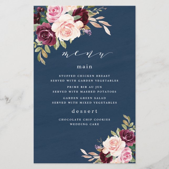 Blue Burgundy Gold Blush Wedding Menu Cards (Vorderseite)