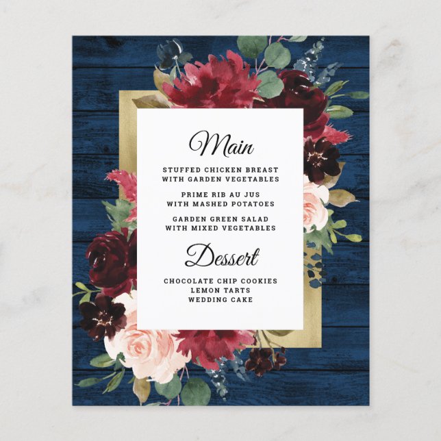Blue Burgundy Gold Blush Wedding Menu Cards (Vorderseite)