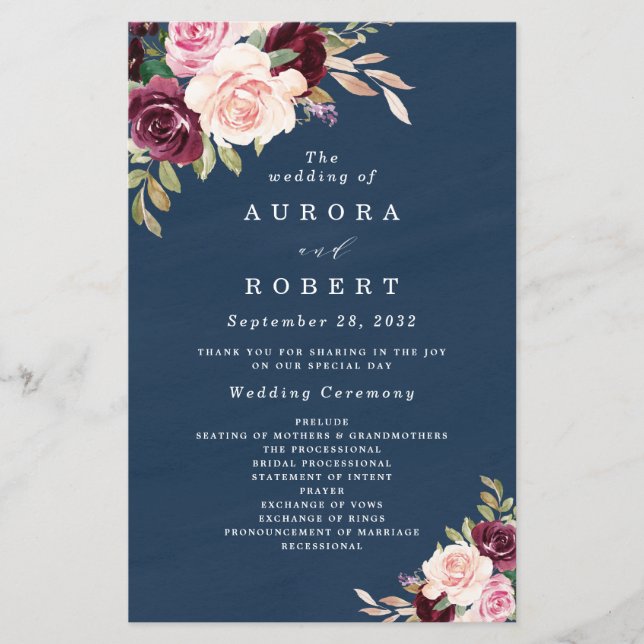 Blue Burgundy Gold Blush Weddingprogramme (Vorderseite)