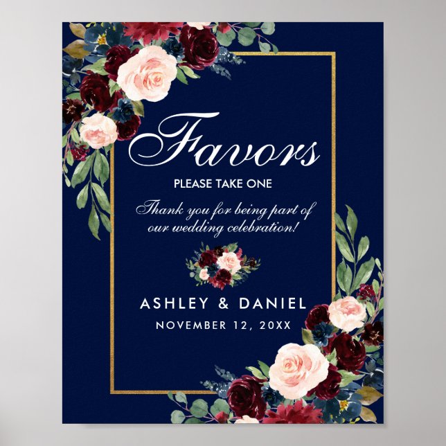 Blue Burgundy Gold Floral Gastgeschenke Hochzeiten Poster (Vorne)