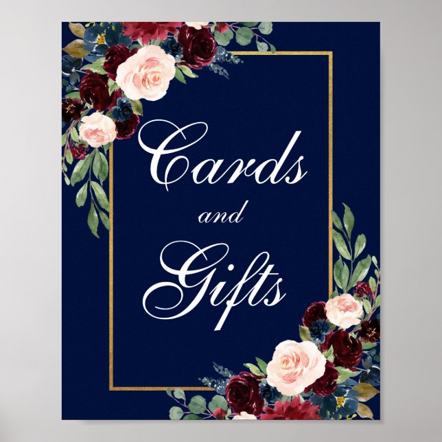 Blue Burgundy Gold Floral Wedding Cards Geschenke Poster (Vorne)