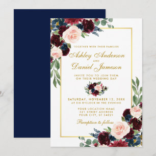 Blue Burgundy Gold Floral Wedding Einladung