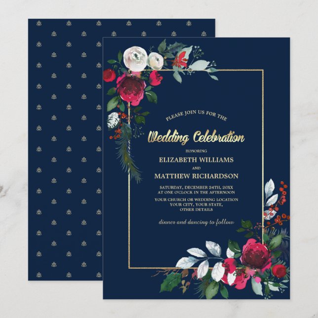 Blue Burgundy Gold Floral Wedding Einladung (Vorne/Hinten)