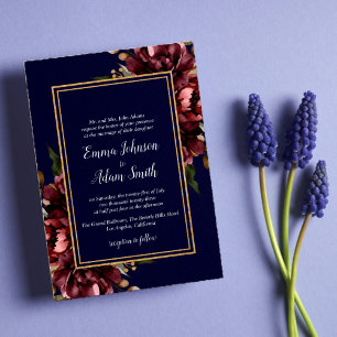 Blue Burgundy Gold Floral Wedding Einladung