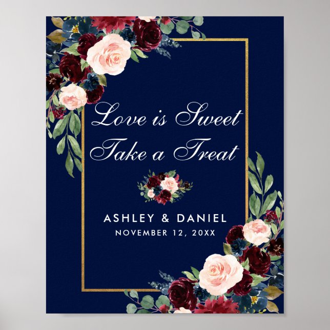 Blue Burgundy Gold Floral Wedding Leckerei Poster (Vorne)