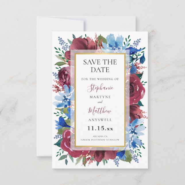 Blue Burgundy Gold Floral Wedding Save The Date (Vorderseite)