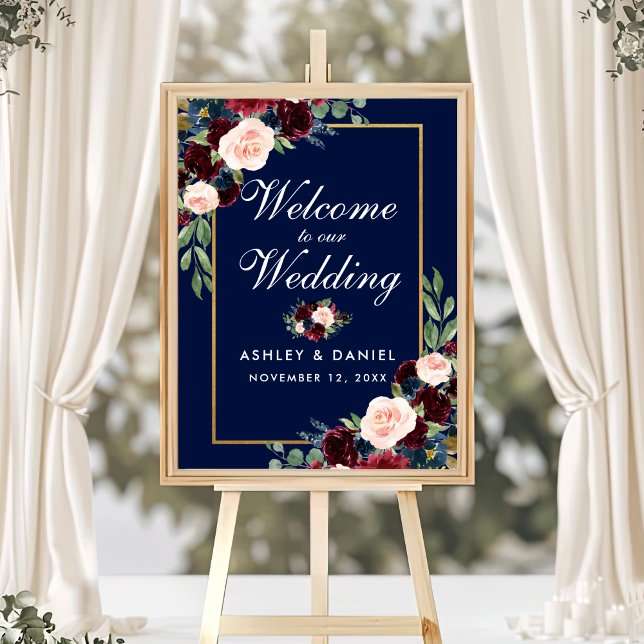 Blue Burgundy Gold Floral Wedding Willkommen Poster (Customize to change text size, text style, background color or size of poster.)