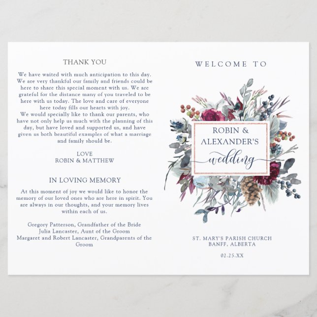 Blue Burgundy Lila Floral Folded Wedding Programm (Vorderseite)
