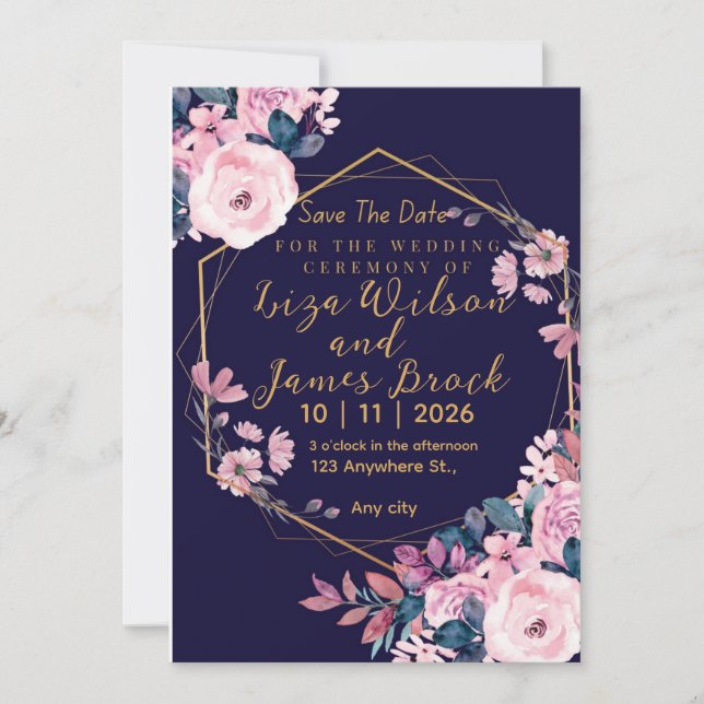 Blue Burgundy Navy Gold Blush Pink Wedding  Einladung (Vorderseite)