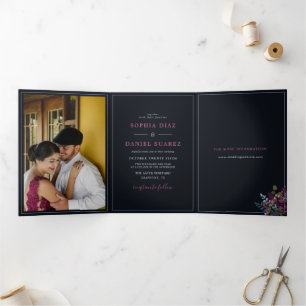 Blue Burgundy Olive Blätter Hochzeit Dreifach Gefaltete Einladung
